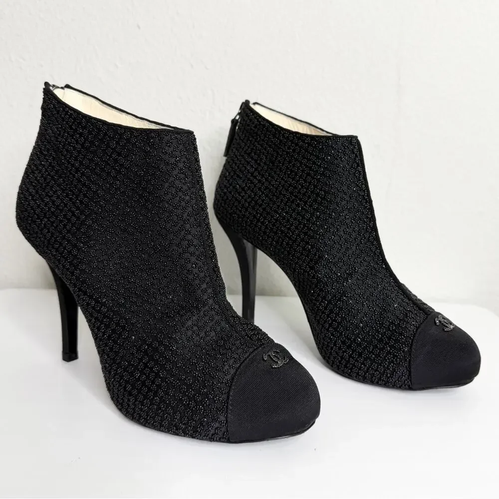 Chanel Beaded Ankle Booties Black Cap Toe Heels 38.5 CC Logo